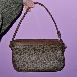 DKNY Tan and Brown Monogram Wristlet
